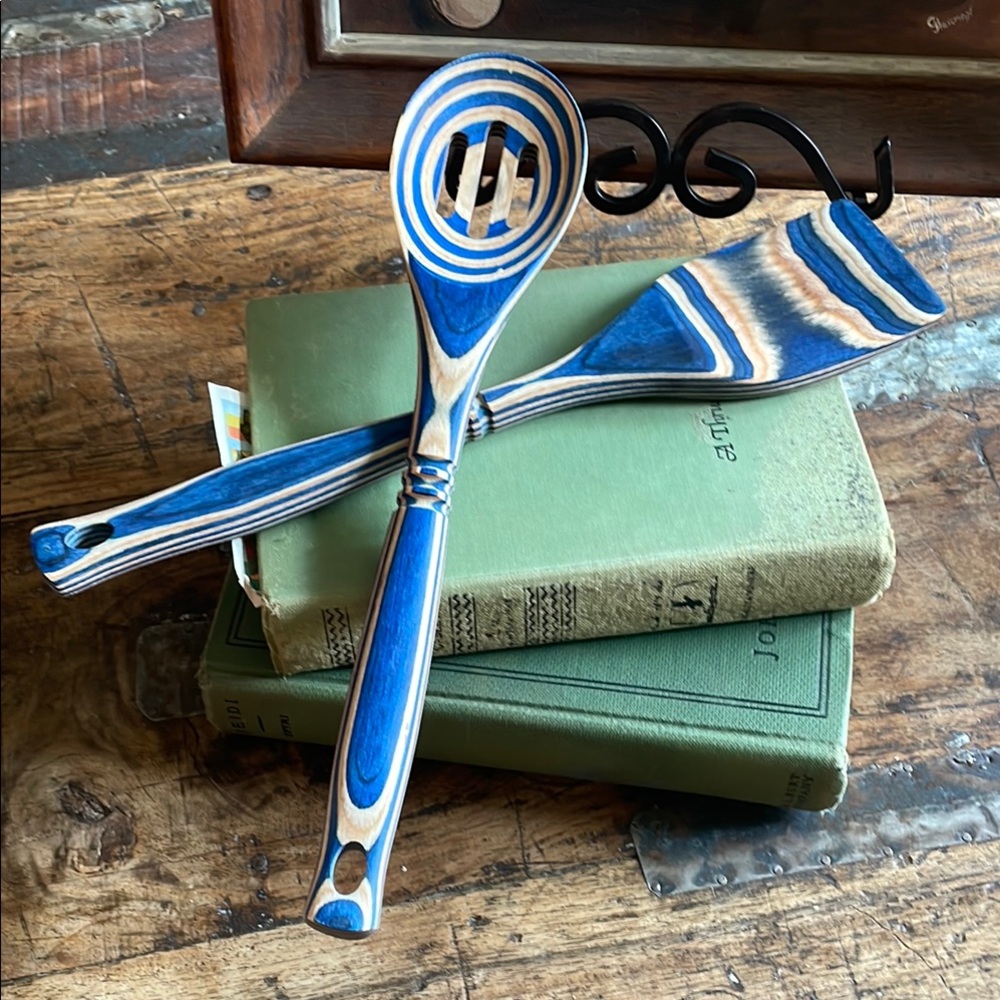 Blue Wooden Kitchen Utensil Set